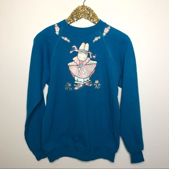 Vintage Tops - Vintage 1990s Handmade Iron Transfer Puff Paint Bunny Pullover Sweatshirt M